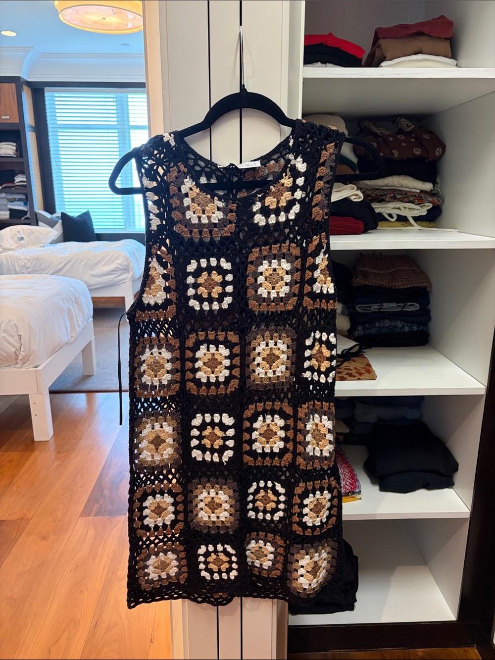Zara Black, Brown and Cream Crochet Square Dress